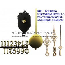 5 Máquinas De Relógio Pendulo + Algarismo Arábico + Ponteiros Coloniais Dourado